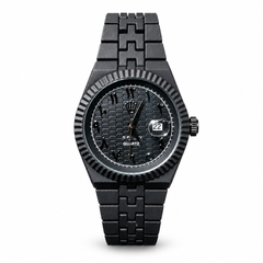 Black textured-dial watch with date window and link bracelet