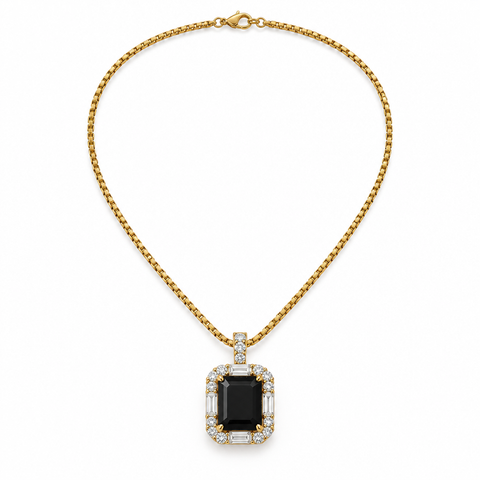 Gold-tone necklace with black rectangular halo pendant