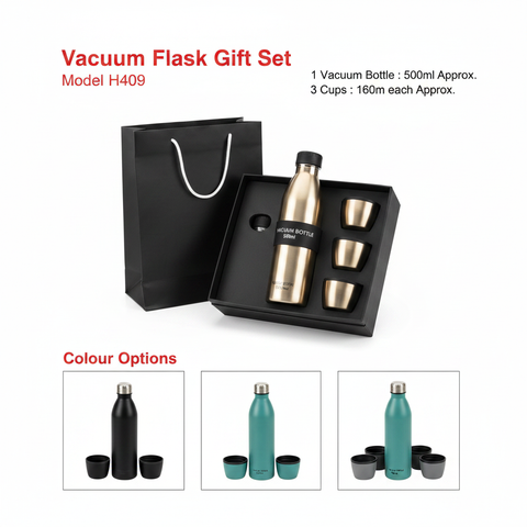 Vacuum Flask Gift Set Model H409 infographic with colour options - white background