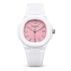 White strap watch with pink dial on white background