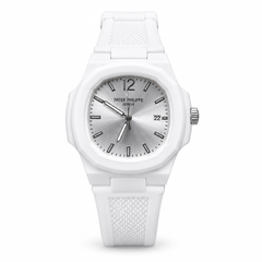 White strap watch with silver dial on white background